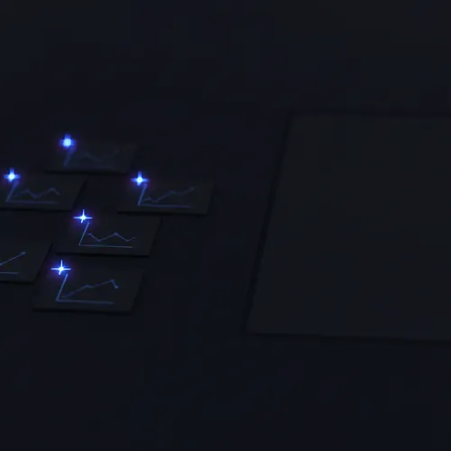 A cluster of small glowing chart tiles each marked with a tiny assistant sparkle, next to one much larger unmarked dark panel representing an unmonitored customer-facing AI agent