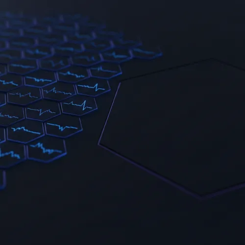 A dense cluster of small glowing trace-line tiles representing engineering dashboards, beside one much larger dark unlit panel representing an unmonitored customer-facing view