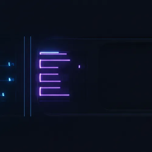 Two small internal evaluation panels glowing blue and violet beside one much larger dark panel with no customer-facing view inside it