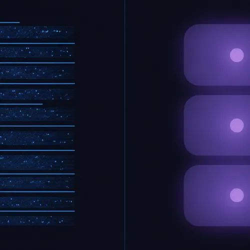 A dense internal request-logging dashboard glowing next to a separate, simple customer-facing metrics view, two different displays for two different audiences