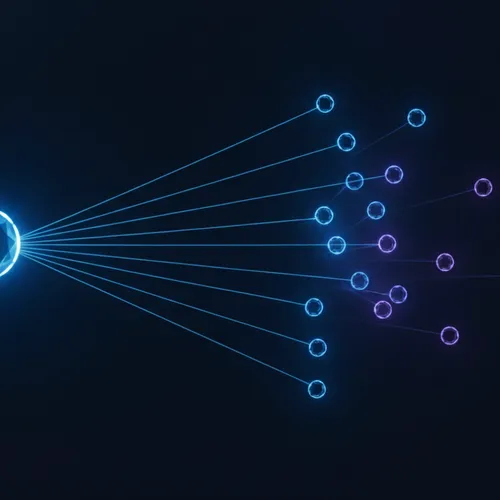 One glowing origin point branching into many smaller individually lit nodes, showing how one agent trace becomes many billable records