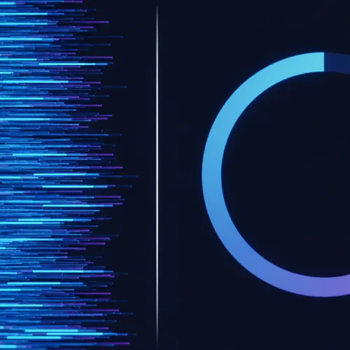 A dense internal stream of raw request logs next to a separate, simple customer-facing deflection rate gauge, two different displays for two different audiences