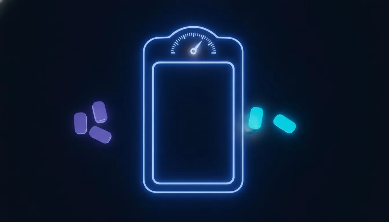 a glowing pass fail checkpoint gate with a small scoring readout dial in the center